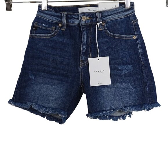 KanCan High Rise Distressed Denim Jean Shorts Women Size S Dark Wash Raw Hem NEW - Picture 1 of 12